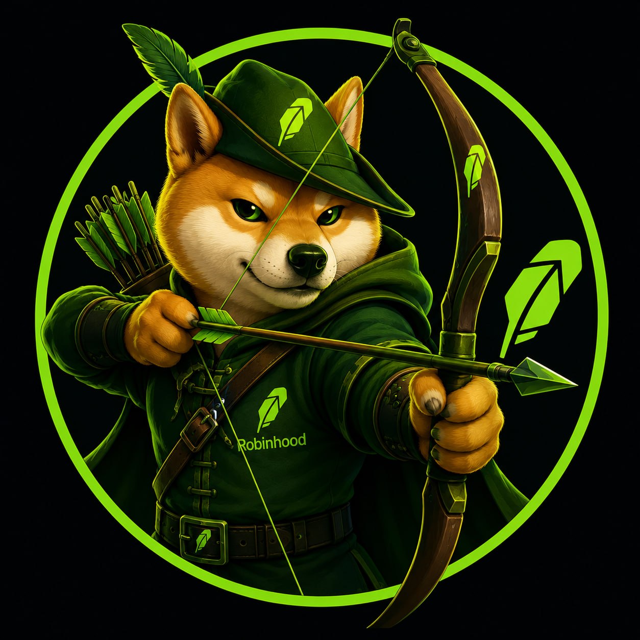 A Shiba Inu dressed as Robin Hood, drawing a longbow with a glowing green arrow, wearing a Robinhood t-shirt, framed by a neon-green ring.